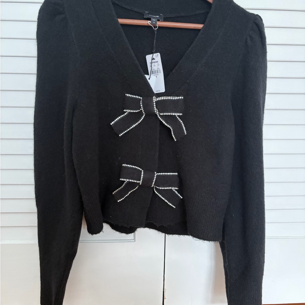 Express Black V-Neck Sweater with Bow Details